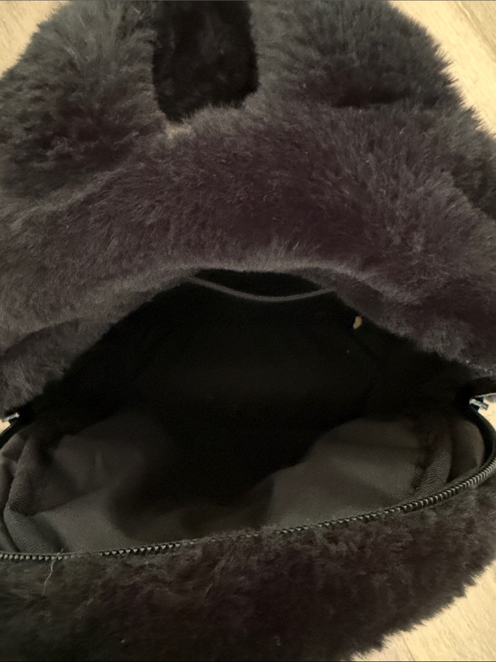 Cozy Black Faux Fur Backpack with White Swoosh - Picture 6 of 9